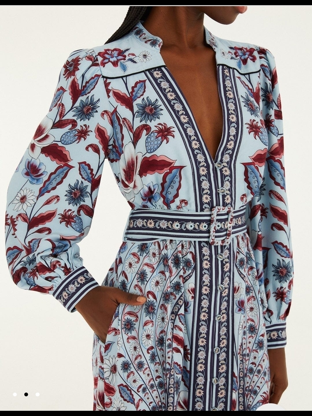 FARM Rio Powder Blue and Burgundy Floral Long-Sleeve Midi Dress - Picture 3 of 3